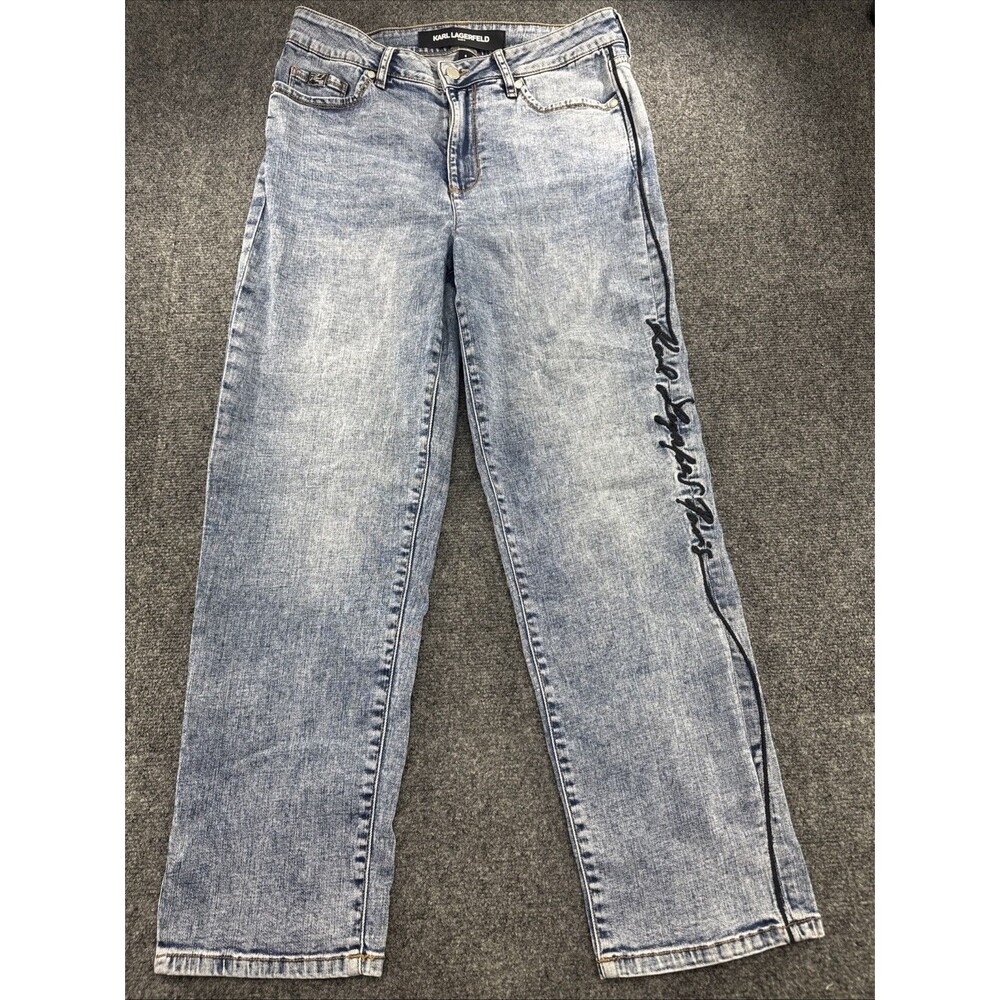 Karl Lagerfeld Paris Women Jeans Size 8 Light Wash Logo Embroidered Straight Leg